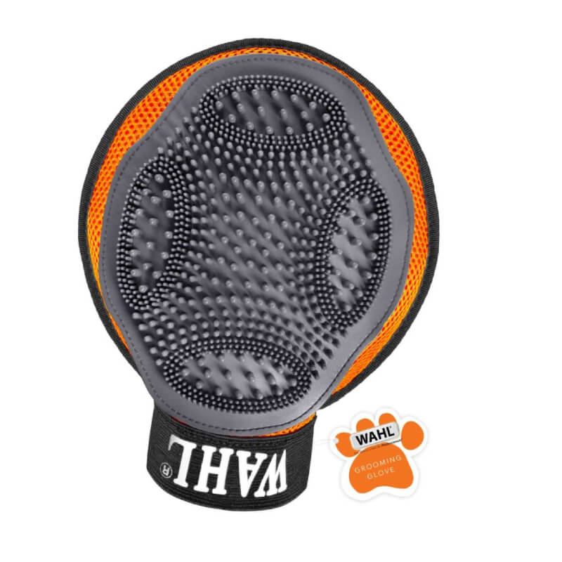 Wahl Grooming Glove Orange Grey with rubber bristles, ideal for short-haired breeds.