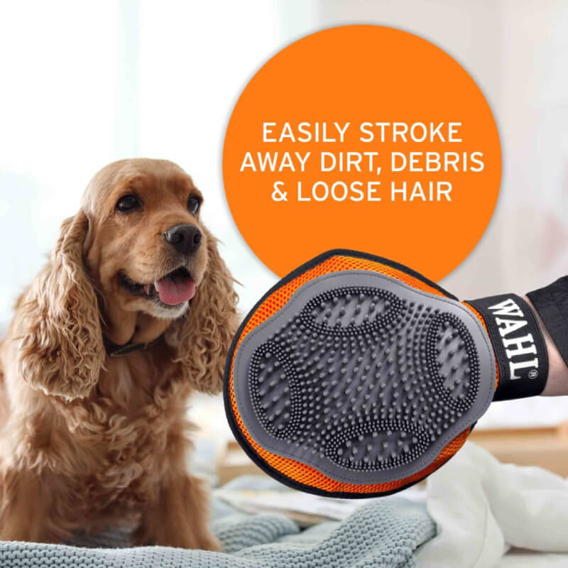 Wahl Grooming Glove Orange Grey removes dirt and loose hair from short-haired dogs.