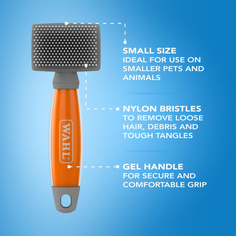 Wahl Small Nylon Slicker Brush with orange gel handle, ergonomic and labeled for size.