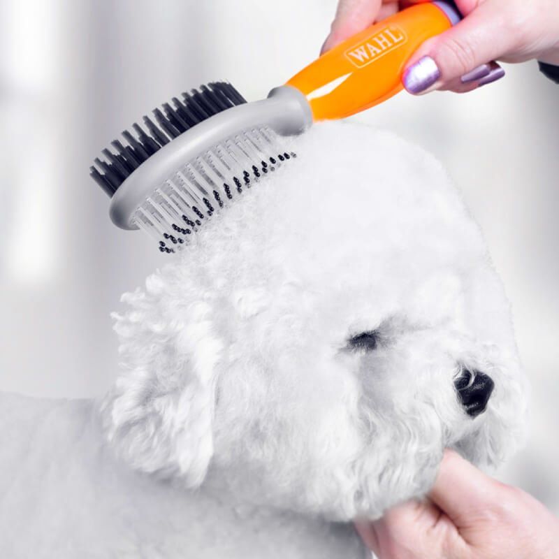 A fluffy white dog is brushed with a Wahl Double Sided Soft Brush Orange Gel Handle.