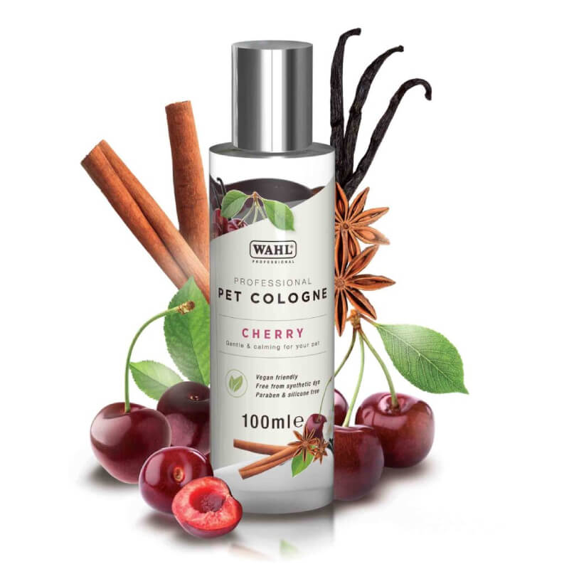 Wahl Pet Cologne Cherry by Wahl features cherry, cinnamon, vanilla, and star anise scents.