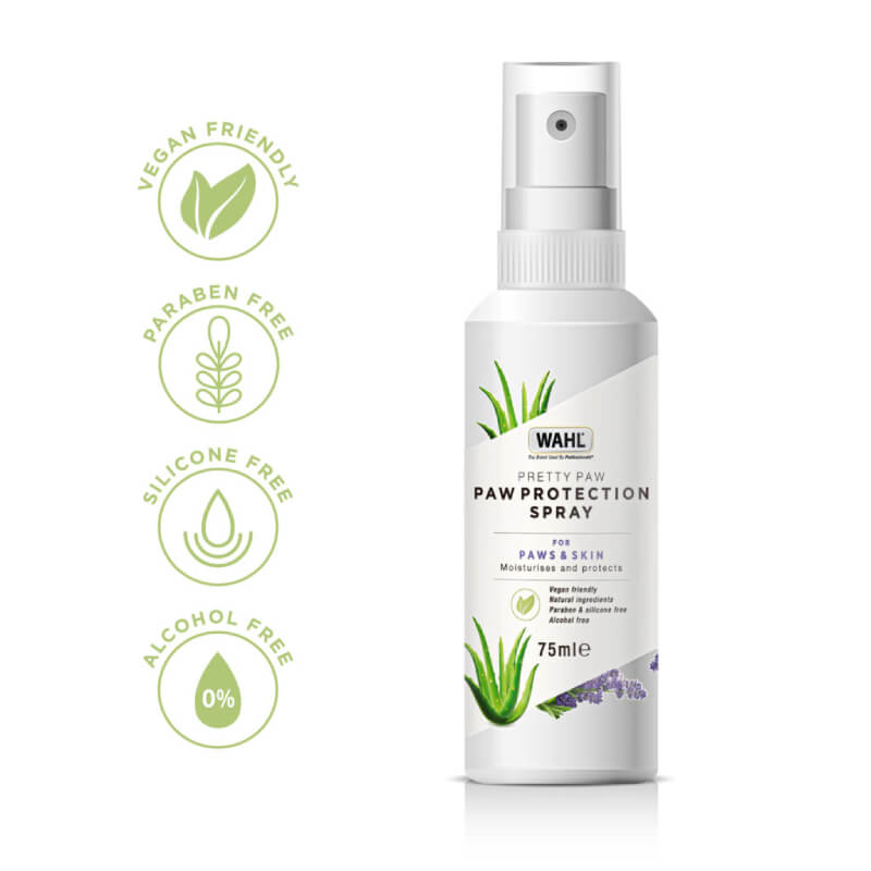 Wahl Paw Protection Spray 75ml with plant icons and badges for natural ingredients.