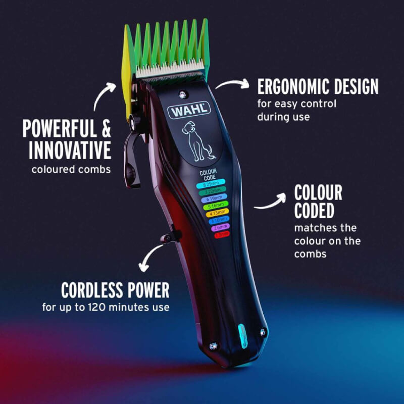 Wahl Colour Pro Rechargeable Pet Clipper Kit shown on a blue background with color-coded combs.