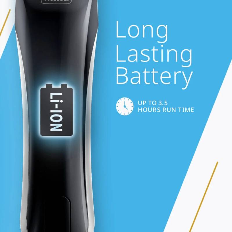 Close-up of Wahl Smart Clip Pet Clipper Kit with cordless use and 3.5-hour battery life.