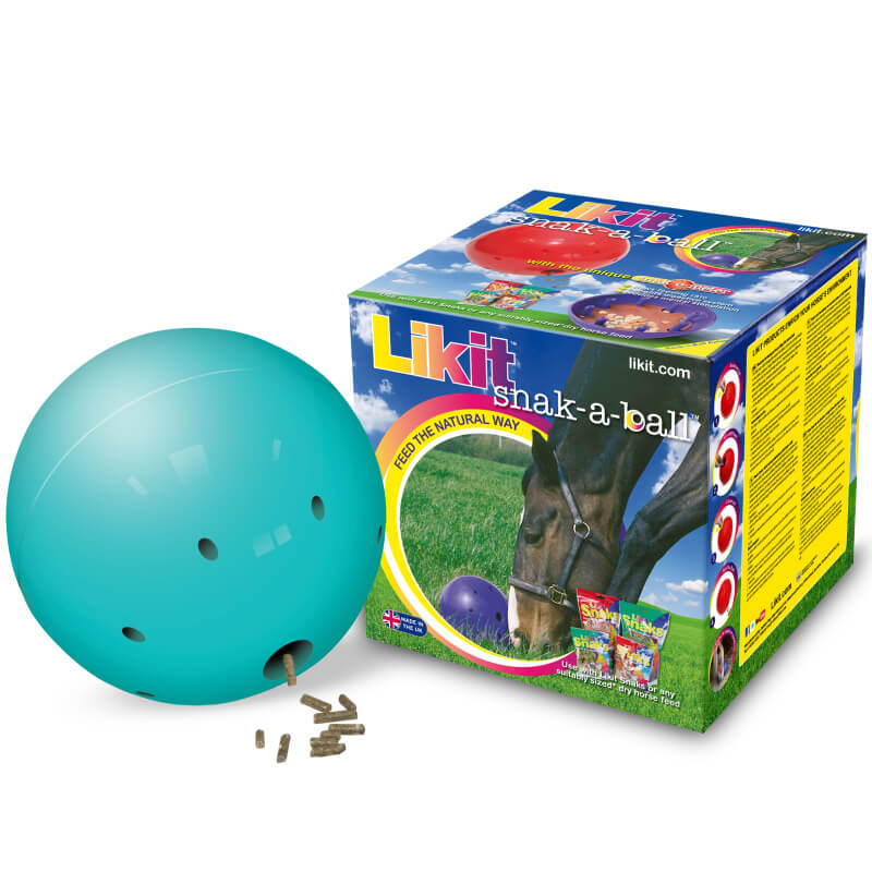 Likit Snak A Ball beside Likit Snaks and colorful packaging, with a horse interacting with it.