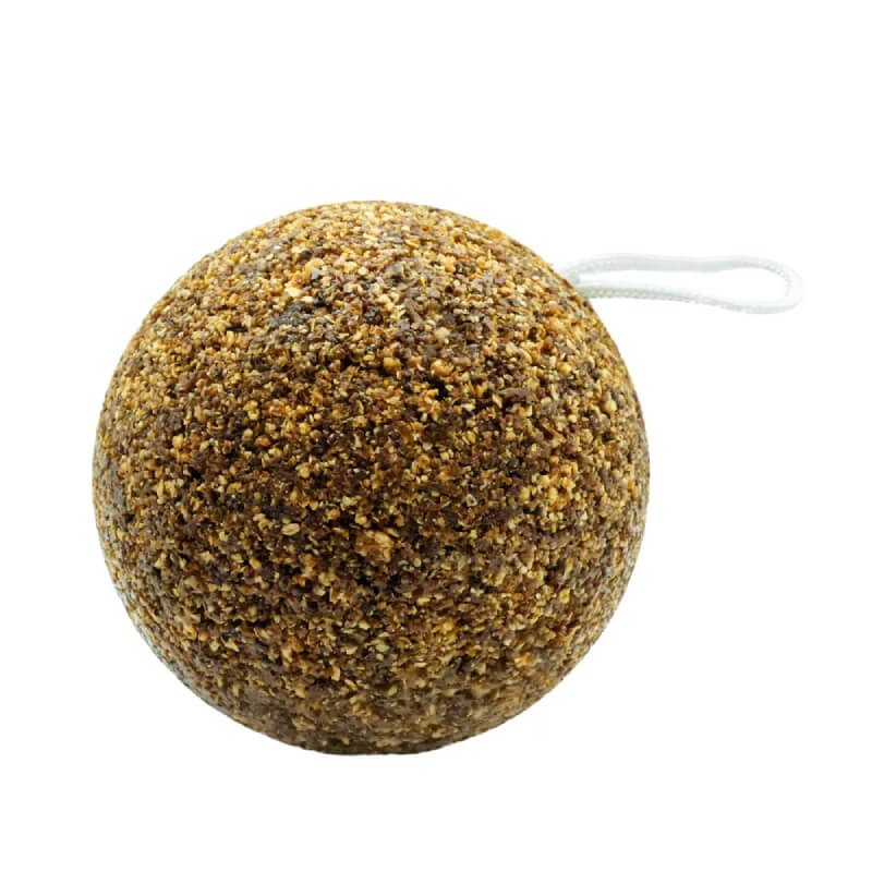 Likit GranoLo Stall Ball Apple: a round brown boredom-relief toy for horses with hanging string.
