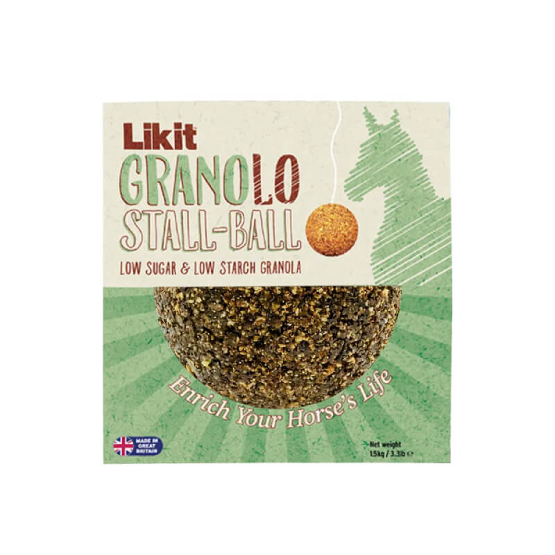 Likit GranoLo Stall Ball Apple, a low sugar horse treat for boredom relief, in green packaging.