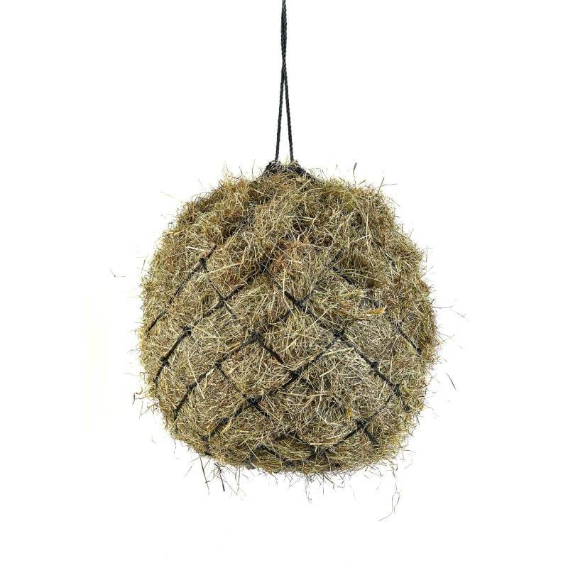 Shires Haynet With Rings holds hay in blue netting, hanging against a white background.