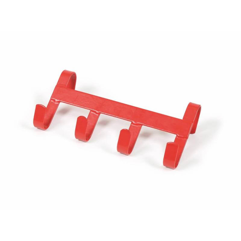 Shires Ezi Handy Hanger: red metal rack with four hooks and rounded ends for hanging items.