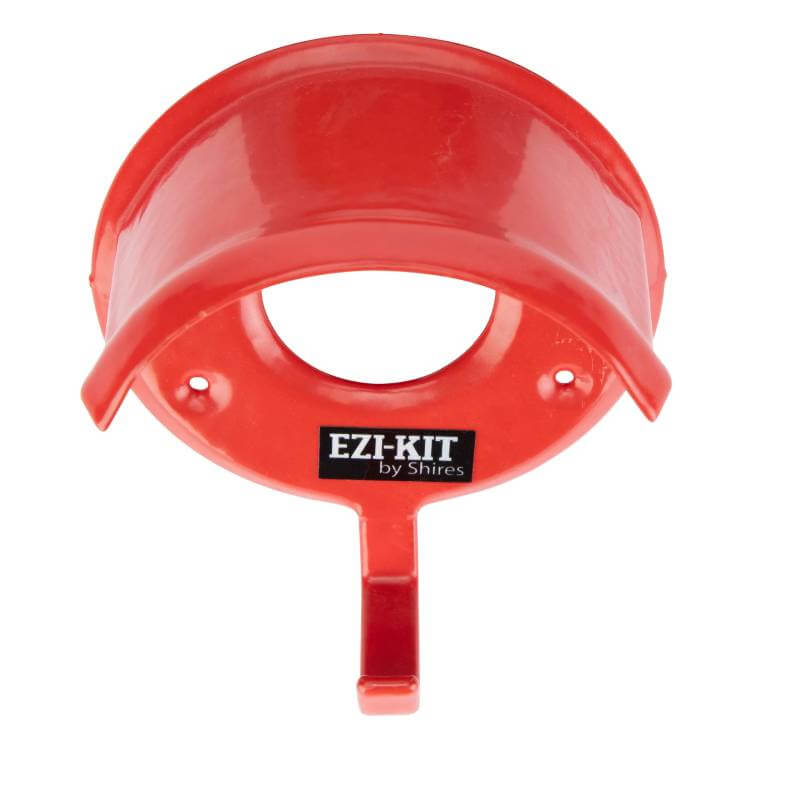Shires Ezi Bridle Rack—red plastic-coated with curved top and Shires label on the front.