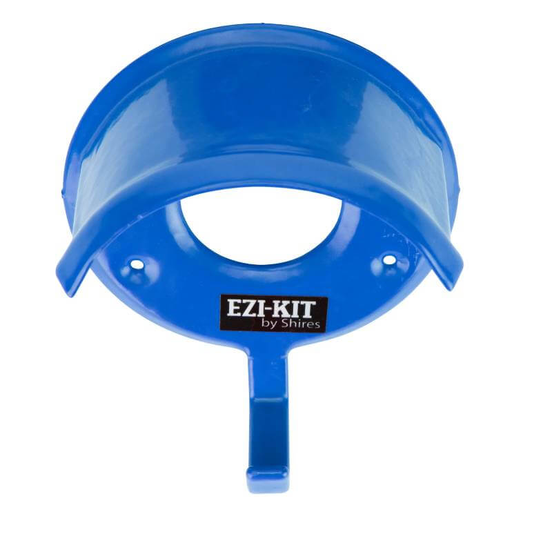 Shires Ezi Bridle Rack: blue plastic-coated rack with hook for hanging horse bridles.