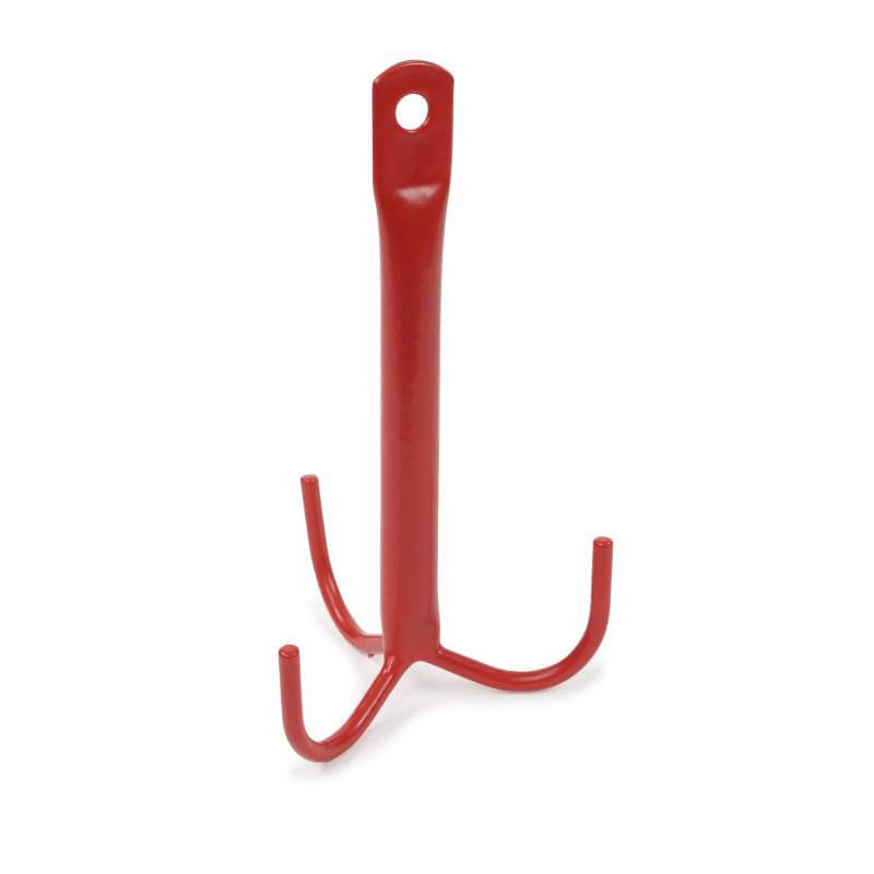 Shires EZI Cleaning Hook: red metal, three prongs, handle and hanging hole for bridles.