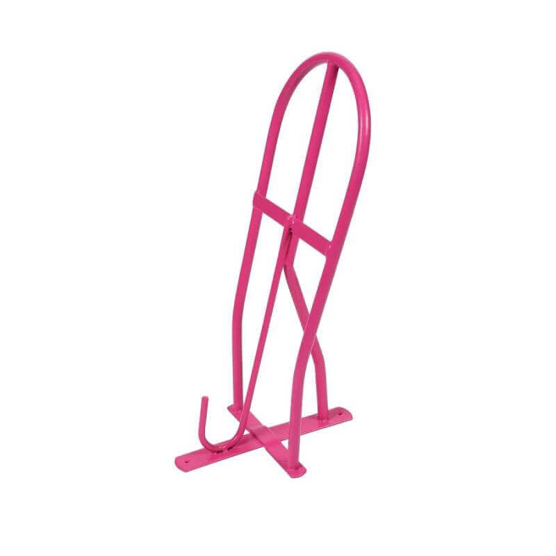 Shires Ezi Saddle Rack, pink, curved top, plastic-coated steel, fits one bicycle.