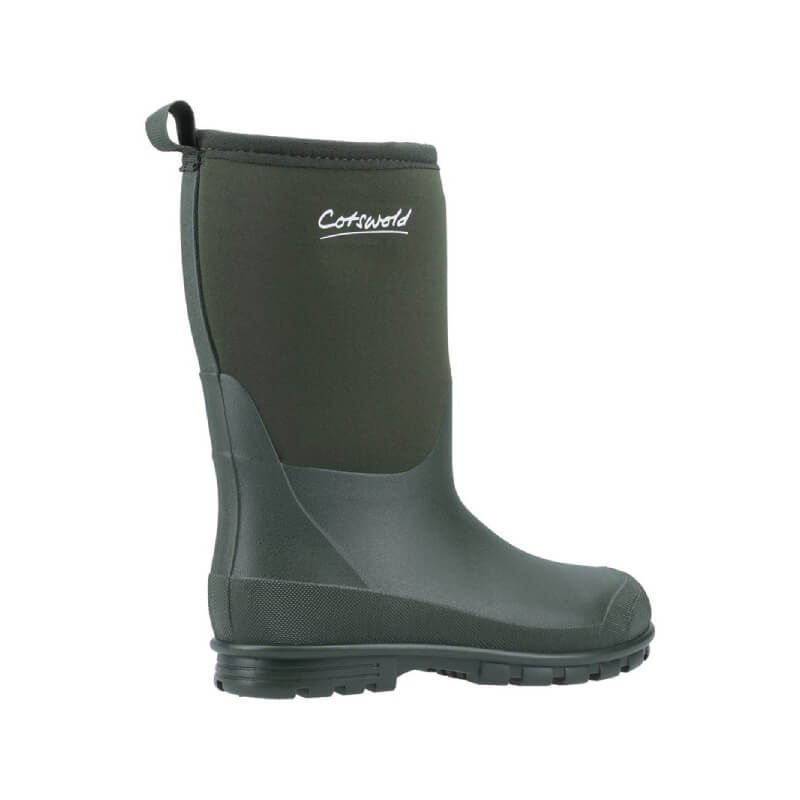 Cotswold Hilly Neoprene Green Kids Wellington boot with Cotswold logo, side view.