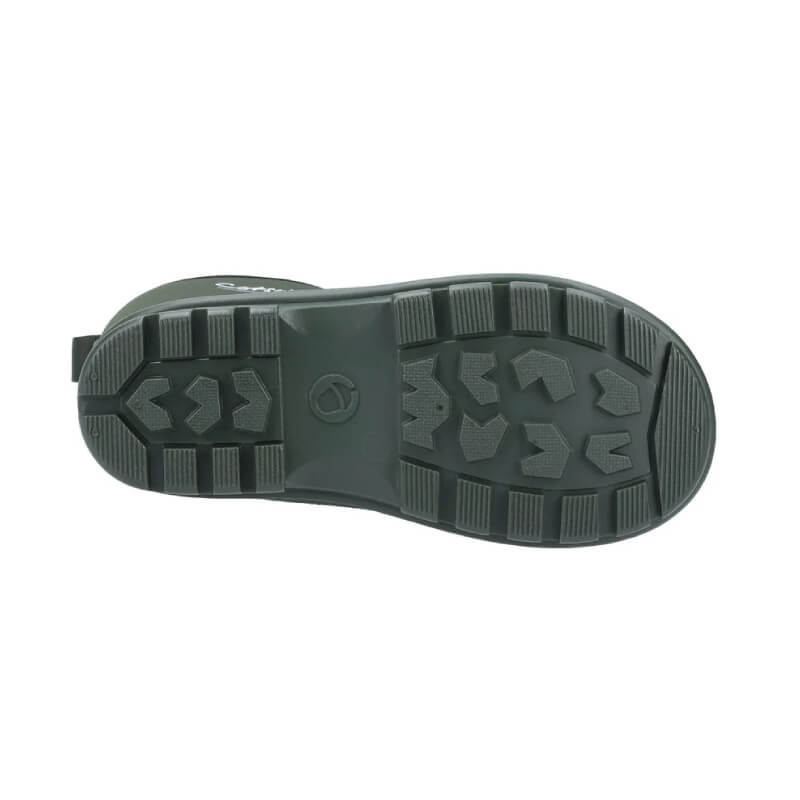 The textured sole of the Cotswold Hilly Neoprene Wellington Green Kids, shown from below.
