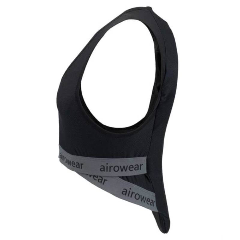The Airowear Shadow Adults Black sports bra features wide armholes and two gray elastic bands labeled "airowear." This EN1621-2 certified equestrian back protector is shown side-on against a plain white background.