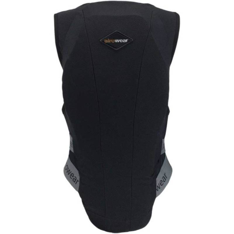 The Airowear Shadow Adults Black is a black equestrian back protector with a high neck, contoured shape, gray side straps, "airowear" branding on the back and straps, and EN1621-2 certified safety.
