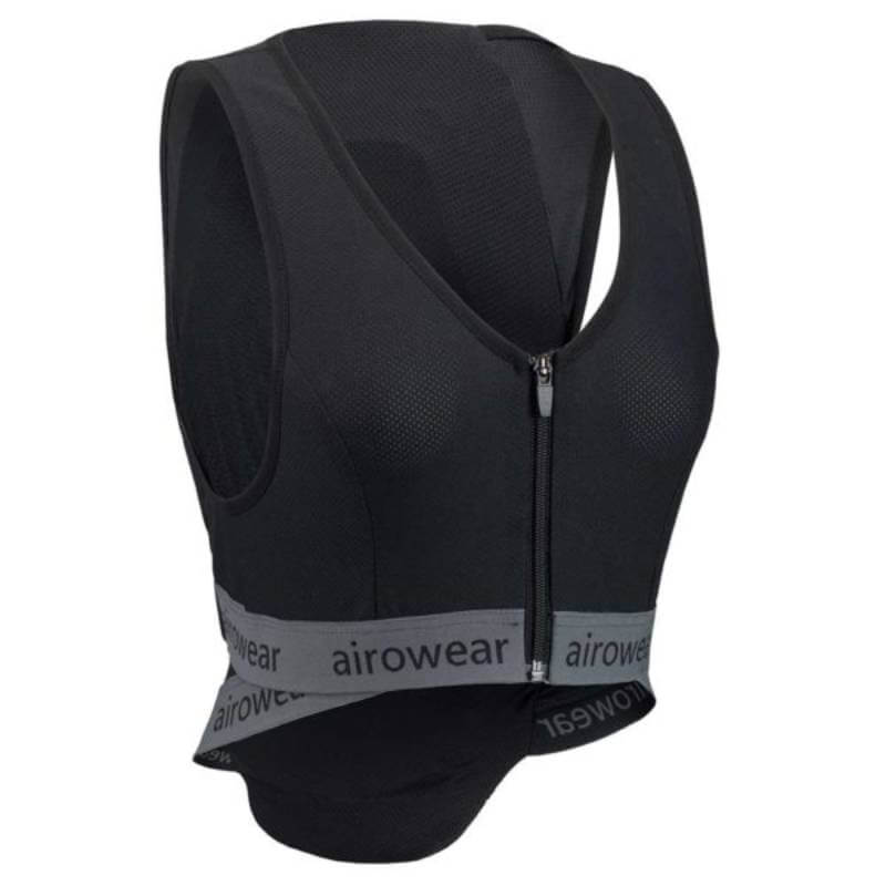 The Airowear Shadow Adults Black by Airowear is a lightweight equestrian back protector with a black sleeveless design, wide shoulder straps, front zipper, and a gray elastic "airowear" band for safety and comfort.