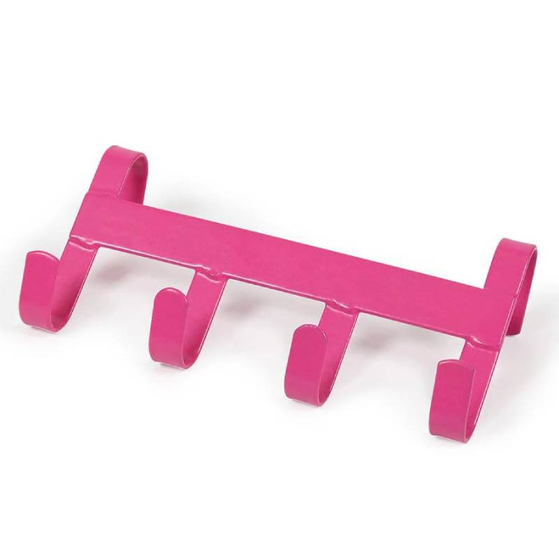 Shires Ezi Handy Hanger: pink metal rack with 4 hooks, ideal for tack or bridle storage.