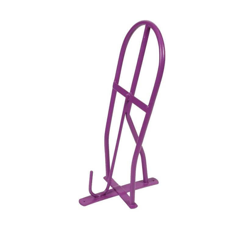 Shires Ezi Saddle Rack: plastic coated tubular steel with a curved top and mountable base.