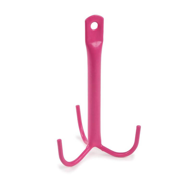 Shires EZI Cleaning Hook: pink, three-pronged plastic hook with top hole for hanging bridles.