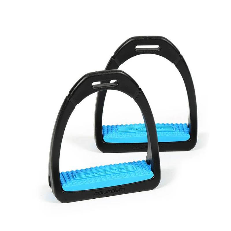 Compositi Stirrups: Lightweight black stirrups with bright blue, customizable footrests.