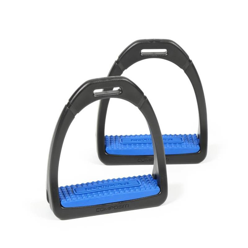 Compositi Stirrups by Compositi in black with blue treads shown on a white background.