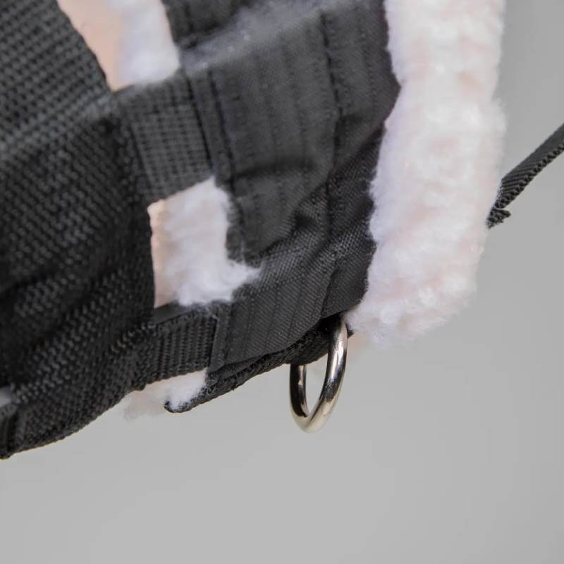 Close-up of the Shires FreeGraze Deluxe Comfort Grazing Muzzle with metal ring and soft lining.