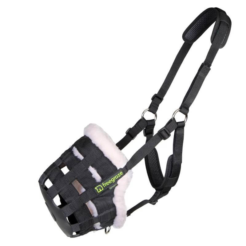 Shires FreeGraze Deluxe Comfort Grazing Muzzle with soft fleece for black and white horses.