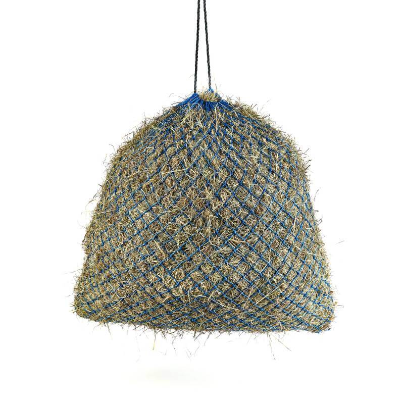 Shires Greedy Feeder Net filled with hay, hanging by a blue string on a white background.