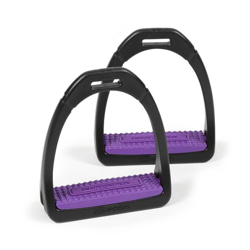 Compositi Stirrups by Compositi with purple footrests, upright on a white background.