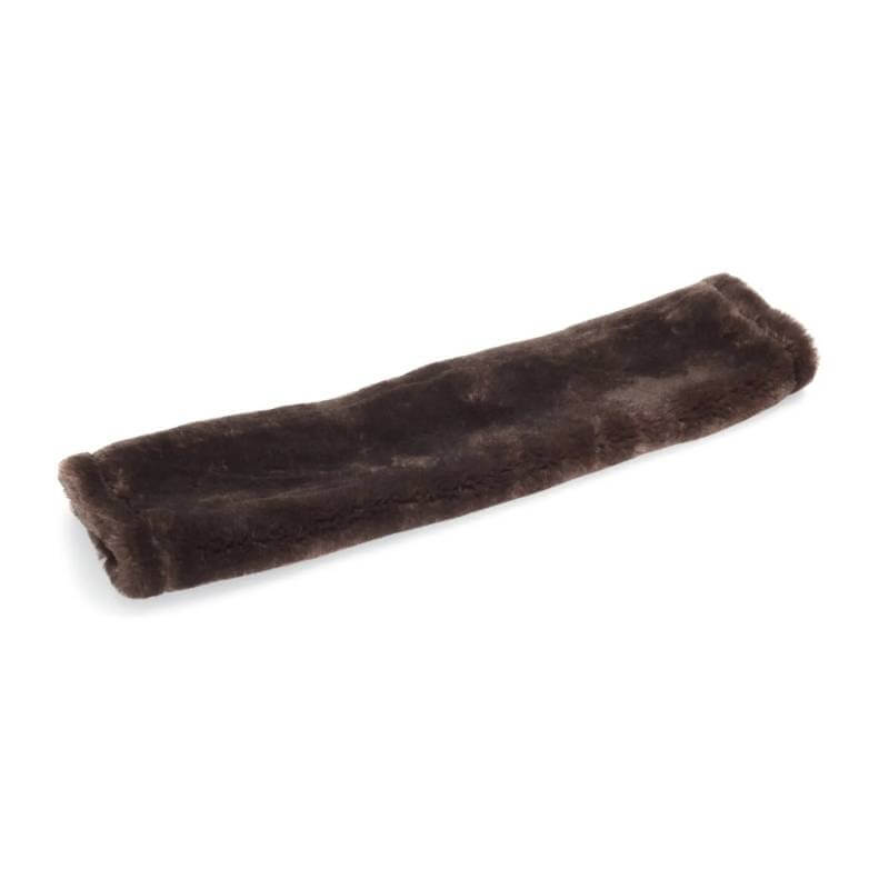 A long, dark brown Shires Performance Girth Sleeve on a white background.