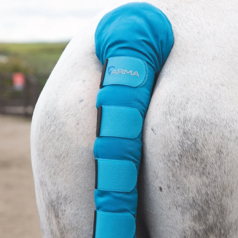 Shires Arma Padded Tail Guard in bright orange on a white horse outdoors, background blurred.