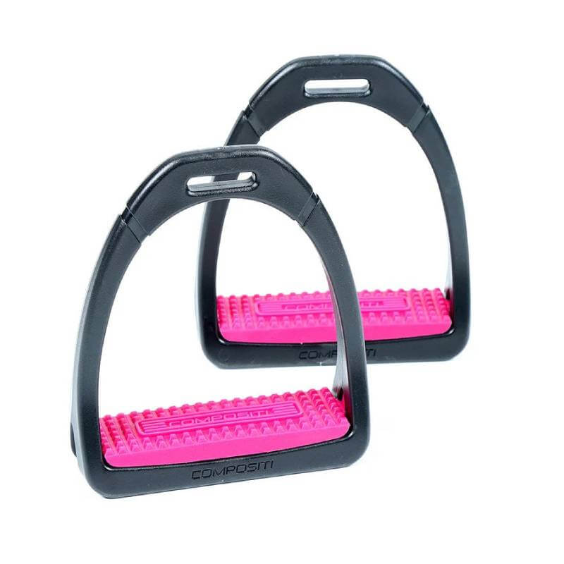 Compositi Stirrups by Compositi: lightweight black stirrups with bright pink footrests.