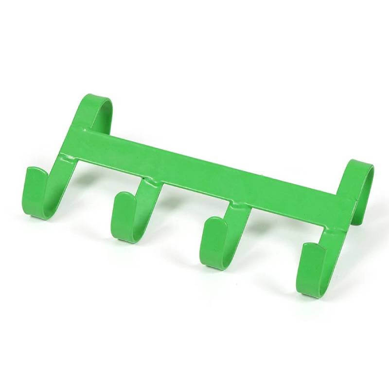 Shires Ezi Handy Hanger: green metal rack with four hooks and two rounded ends for hanging.