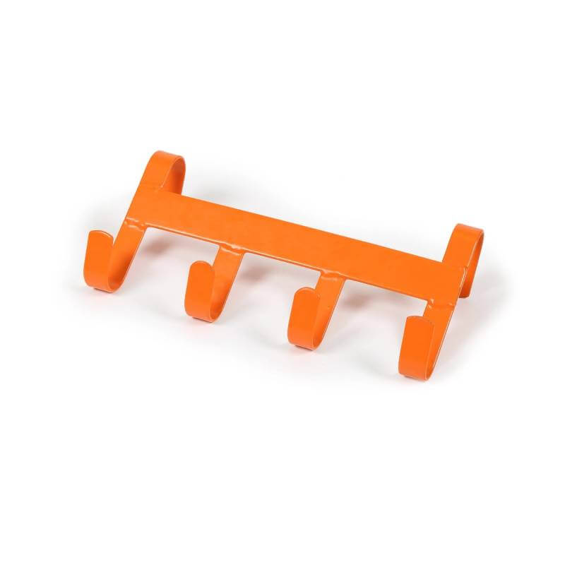 Shires Ezi Handy Hanger: orange metal wall rack with 4 curved hooks for tack or bridles.