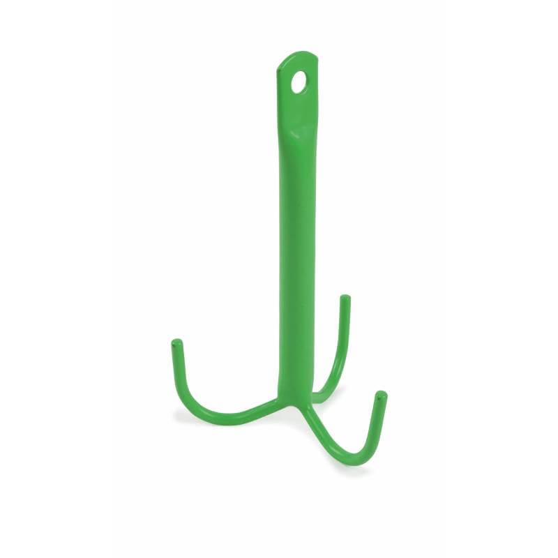 Shires EZI Cleaning Hook: Green metal tool with 3 prongs and handle hole for easy hanging.