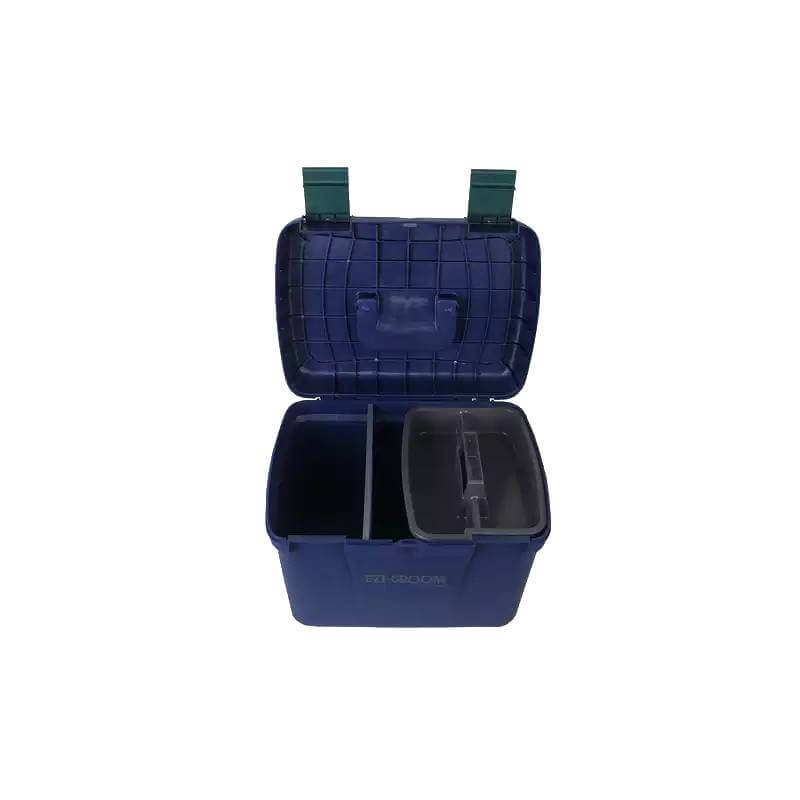 Ezi-Groom Deluxe Grooming Box Navy with open lid, two compartments, and a handle.