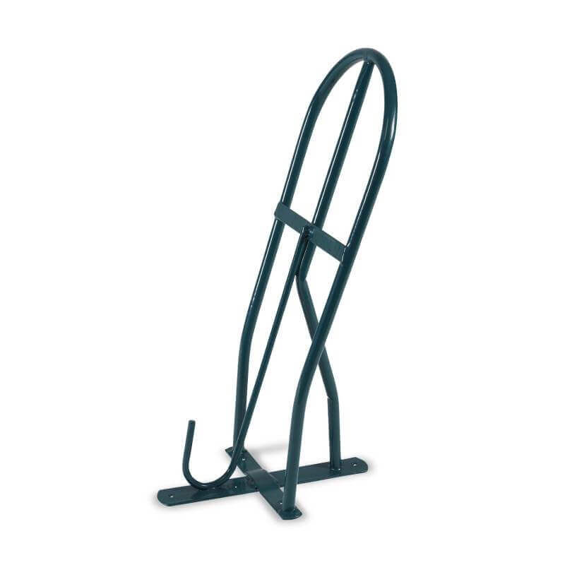 Shires Ezi Saddle Rack: green, upright, plastic-coated steel on a flat base.