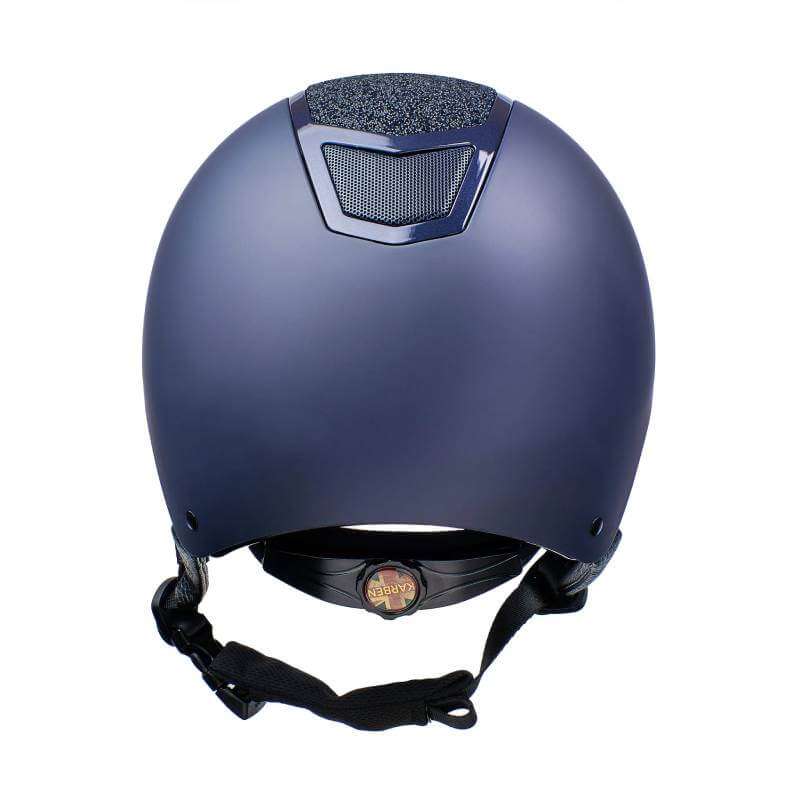 Karben Valentina Riding Hat Navy with black chin strap and rear ventilation.