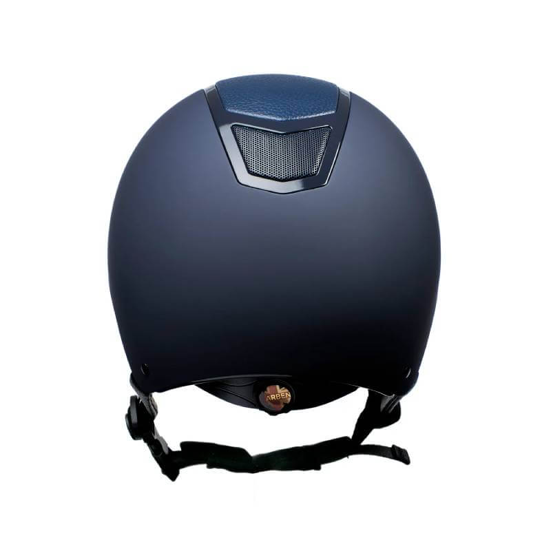 The Karben Avena Riding Hat Navy features a chin strap and rear ventilation, shown from the back.