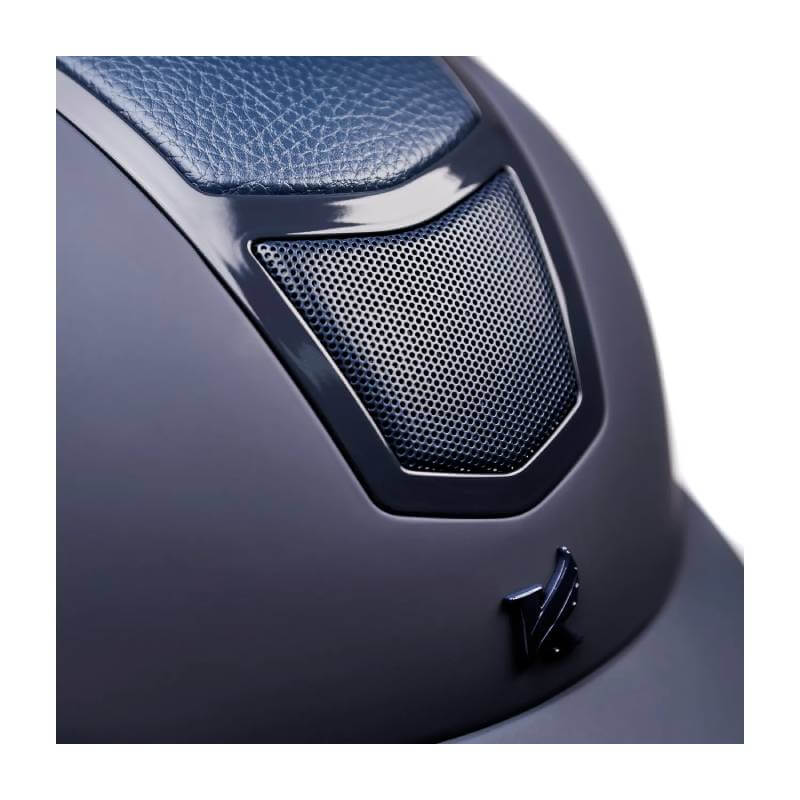 Close-up of Karben Avena Riding Hat Navy with mesh ventilation and leather-look detail.