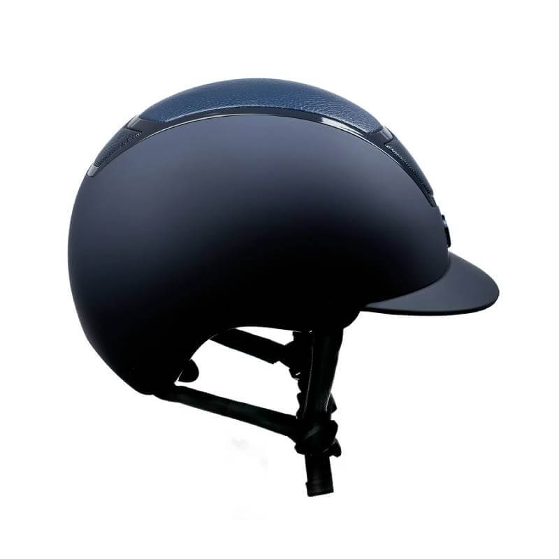 The Karben Avena Riding Hat Navy is PAS015:2011 certified with a small visor and chin strap.