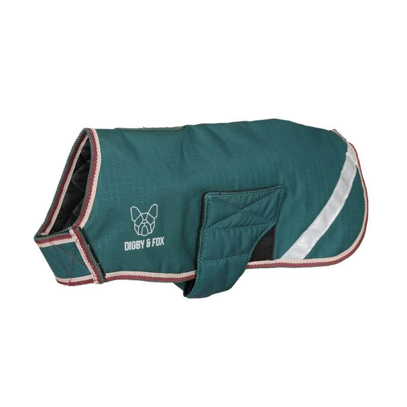 Digby & Fox Waterproof Dog Coat Forest: waterproof, reflective, harness-ready, logo detail.