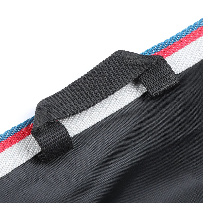 Close-up of a black handle on the Shires Tempest Original Lite Turnout Rug Teal.