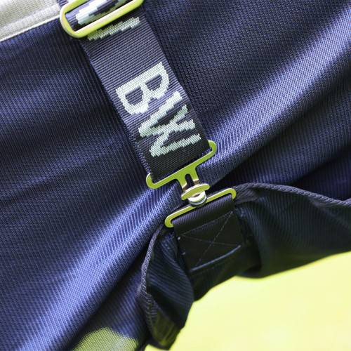 Close-up of a dark strap with metal buckle on the Shires Bridleway Metabug Fly Rug Grey.