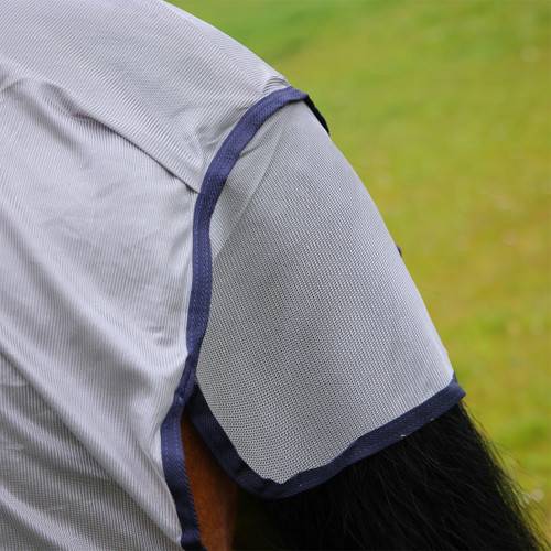 Close-up of a Shires Bridleway Metabug Combo Neck Fly Rug Grey on a horse's shoulder outdoors.
