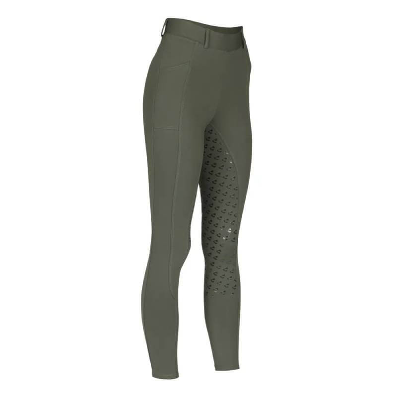 Aubrion Albany Young Rider Riding Tights Deep Green with knee grip and side pocket shown on white.