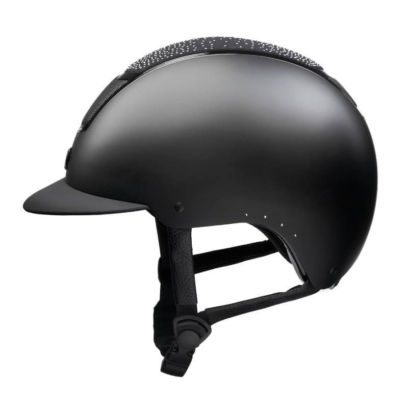 Karben Stella Riding Hat Black by Karben, adjustable with chin strap and small visor, side view.