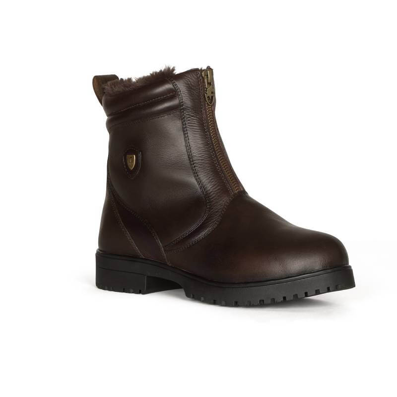 Moretta Atri Zip Country Boots: brown leather, black sole, faux fur lining, shield emblem.